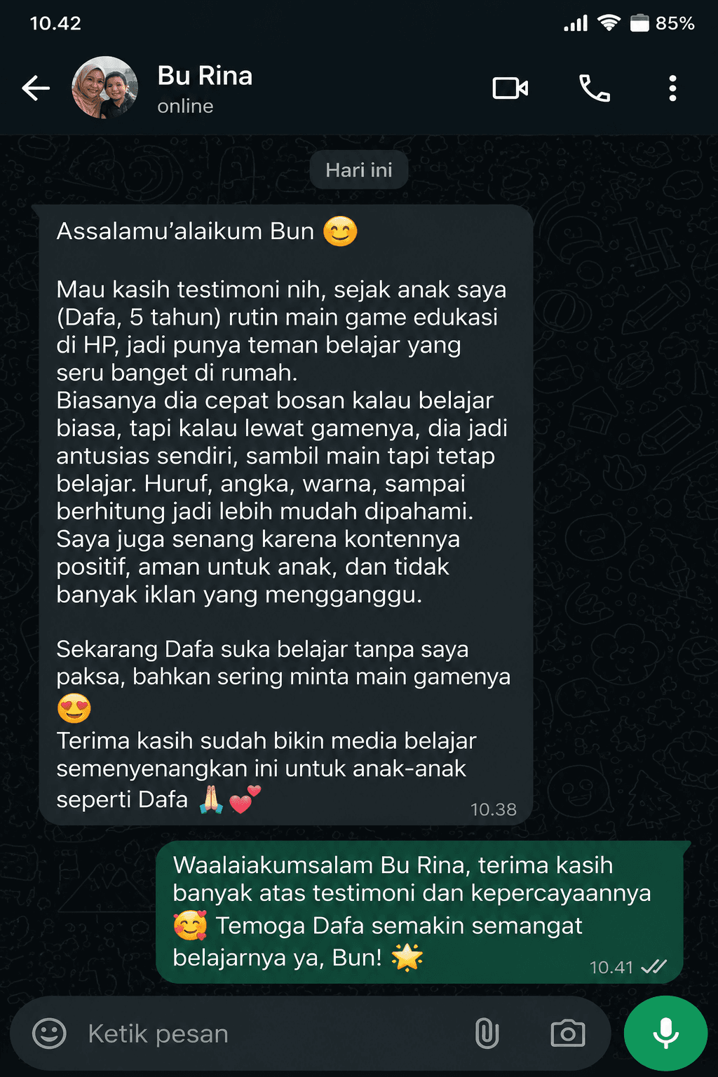 Testimoni WhatsApp orang tua #4