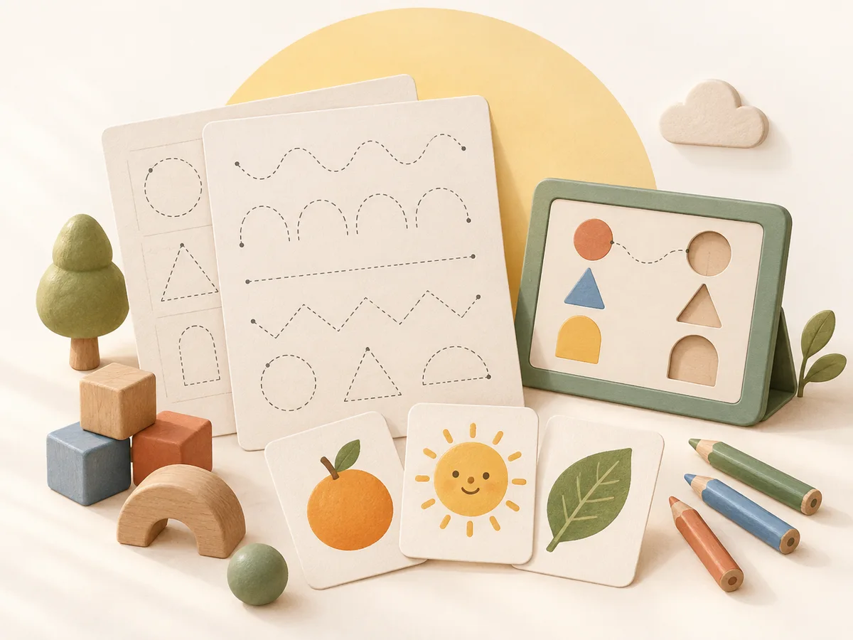 Ilustrasi worksheet, kartu gambar, dan permainan bentuk
